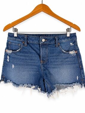Express size 6 boyfriend midi low rise dark fringe cut off jean shorts
